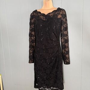 Lauren Ralph‎ Lauren Lace Sequin Cocktail Dress Black Size 6 Long Sleeve